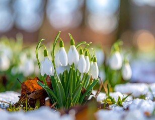 Snowdrops rise through a snowy patch in bright daylight, blurred trees visible in background