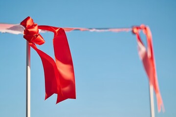 Red Ribbon on Pole Against Blue Sky - Grand Opening Ceremony