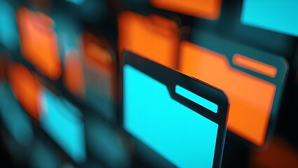 Glowing abstract data folders in a virtual digital space, representing secure cloud storage, information management, futuristic technology, network systems, computing, archives, and innovative digital