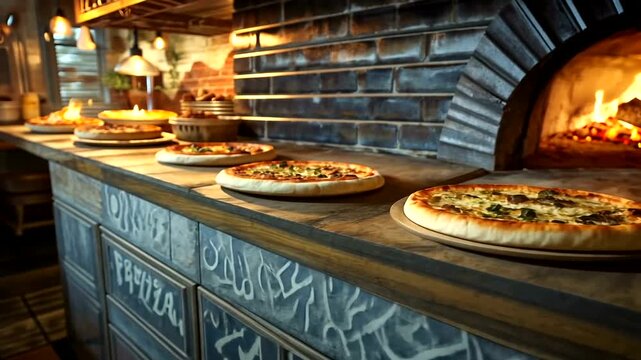 Artisan Pizza Baking in Traditional Brick Oven with Rustic Counters