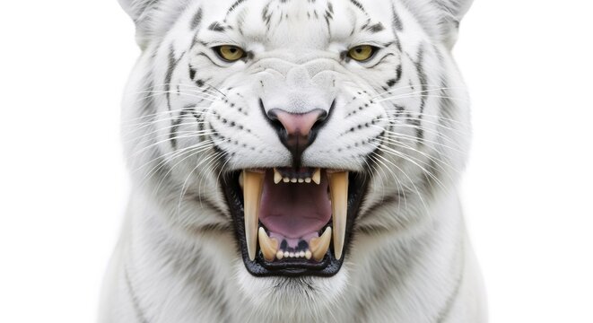 White tiger snarling with mouth open on a white background. Roaring sabertooth tiger close-up displaying large fangs. Prehistoric animal concept.