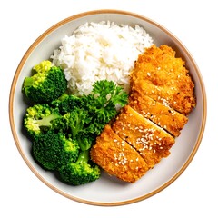 Round bowl holds sliced breaded meat, rice, & broccoli. Sprinkled with sesame seeds and garnished with parsley
