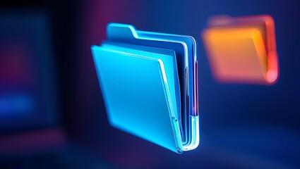 Glowing abstract data folders in a virtual digital space, representing secure cloud storage, information management, futuristic technology, network systems, computing, archives, and innovative digital