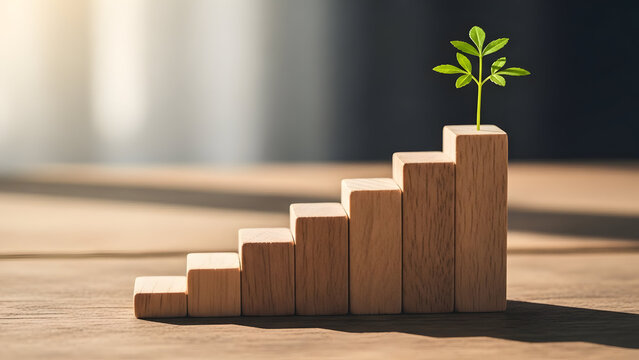 Green plant grows on wooden block stairs symbolizing sustainable business growth and career progress