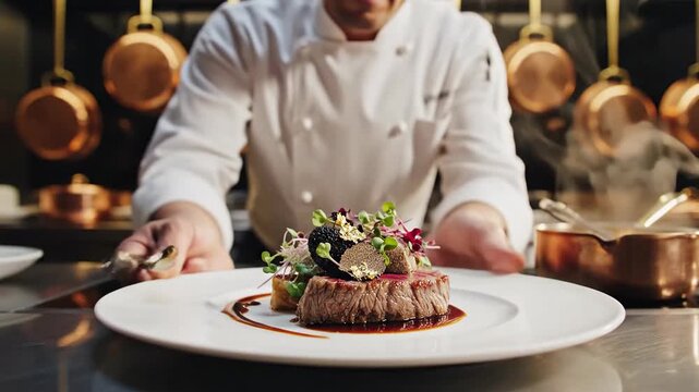 Chef plating gourmet dish with precision in commercial kitchen setting