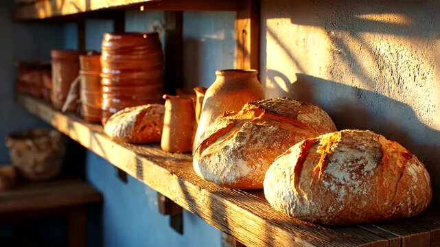 Sunlit rustic bakery shelves showcasing freshly baked artisan loaves and pottery