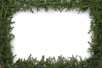 Thick Evergreen Fir Branch Frame Border Design on White Background for Christmas Greeting Cards