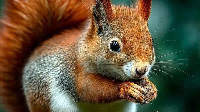 Close-up of a curious squirrel holding a nut with lush greenery background