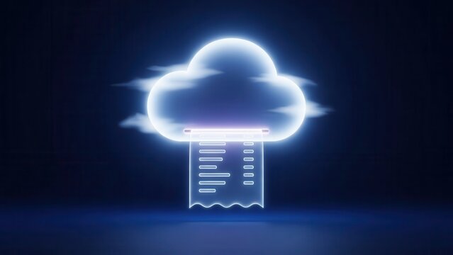 Abstract cloud computing icon with digital document emerging, symbolizing data processing and