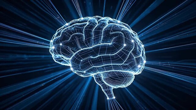 Digital brain model with glowing wireframe structure and luminous points