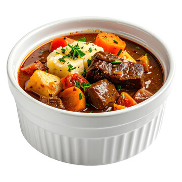 Individual portion of traditional baeckeoffe, featuring marinated meats and vegetables in a small crock, isolated on white background