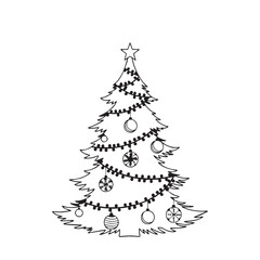 Hand-drawn Christmas tree illustration with ornaments and lights simple outline design for holiday greeting cards and winter decorations isolated on white