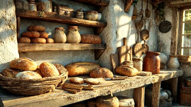 Rustic bakery scene highlighting freshly baked bread with warm natural lighting