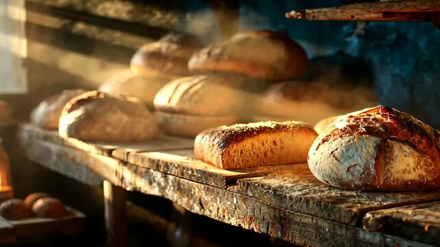 Artisan bread loaves baking on rustic wooden baking racks with steam rising capturing the warmth