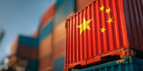 Obraz premium logistic container in port with Chinese flag, international trade, globalisation, trade agreement, goods
