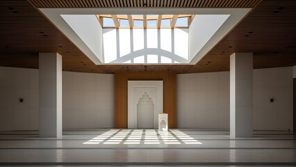 Modern Mosque Interior with Natural Light and Geometric Patterns.
