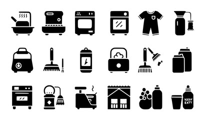 Domestic furniture appliances cleaning flat silhouette icon pack