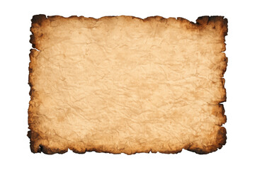 Old paper texture background with aged, crumpled surface and distressed, scorched edges. Transparent background