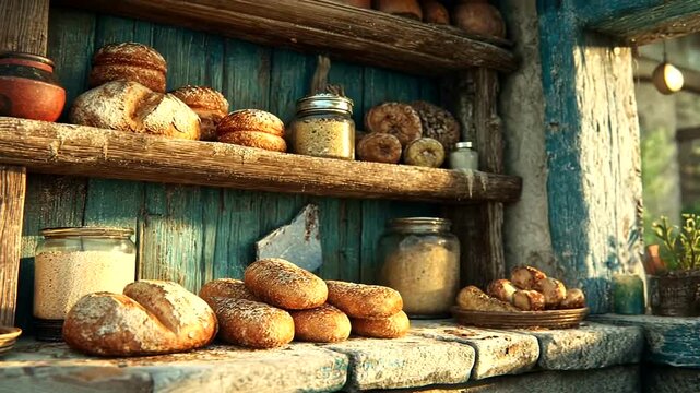Rustic outdoor bakery display with freshly baked bread jars and potted plants under a weathered
