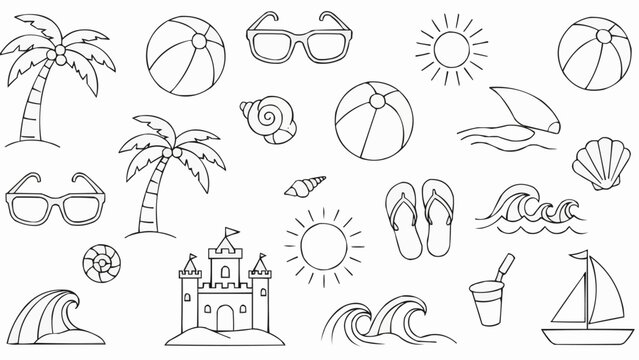 Summer beach vacation doodle elements collection.