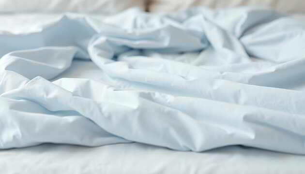 Blue crumpled bed sheets close-up texture for home decor