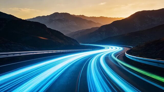 Sunset mountain highway with colorful light trails and guardrails