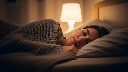 Peaceful Nights Sleep - Woman Resting Comfortably in Bed with Warm Lamp Glow.