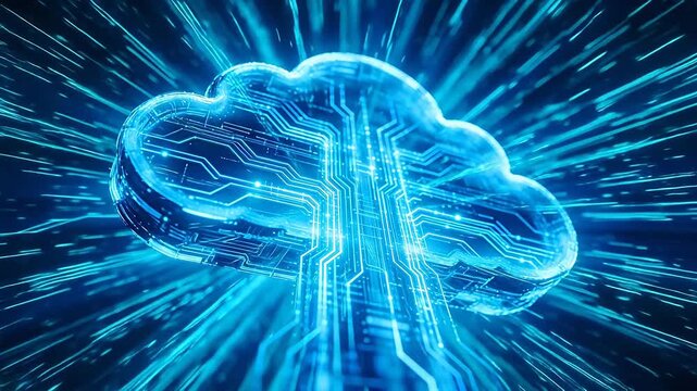 Digital cloud shape with glowing electronic circuits on dark background