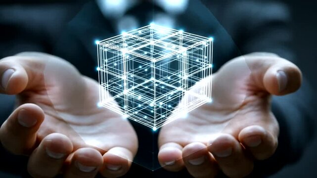 Futuristic Handheld Data Structures with Glowing Digital Cubes and Polyhedral Forms in Multiple
