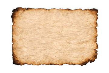 Fototapeta premium Wrinkled vintage parchment with burnt, scorched edges, displaying old paper texture, isolated on transparent background