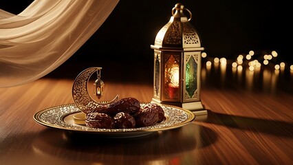 Ramadan Iftar Meal with Dates and Lantern.