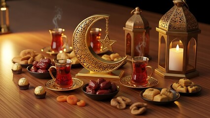 Ramadan Iftar Table with Dates Tea and Lanterns.
