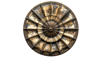 Ornate, symmetrical metal disc with radiating patterns and central decorative boss on black