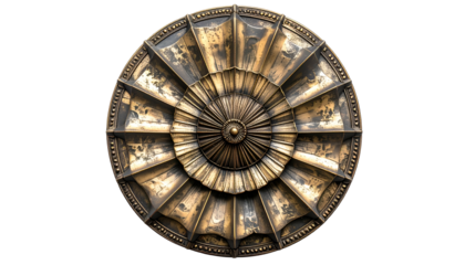 Ornate, symmetrical metal disc with radiating patterns and central decorative boss on black