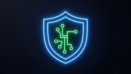 Obraz premium Glowing neon shield icon representing advanced digital security and network protection solutions