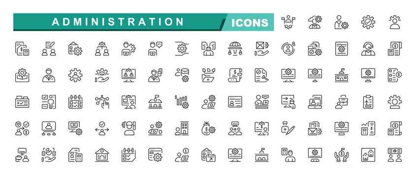 Modern administration icon set outline containing office, management, administrative, support, document, time, data entry, Editable vector illustration.