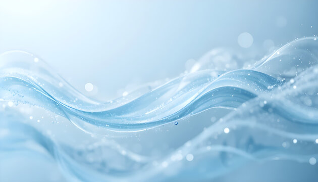 Abstract flowing waves of light blue liquid with sparkling bubbles and bokeh effect, conveying fluidity and serenity