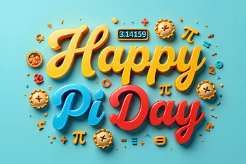 Happy pi day colorful 3d rendering illustration with pies and mathematical symbols on blue background