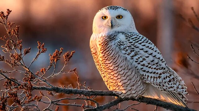 Snowy owl perched on a tree branch during a warm sunset glow captures nature's owl elegance