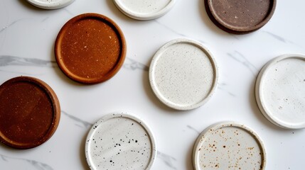 Assorted Handmade Ceramic Coasters in Natural Earthy Tones on Marble Background