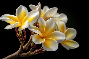 Close-up of tropical frangipani flowers with white petals and yellow centers on dark background
