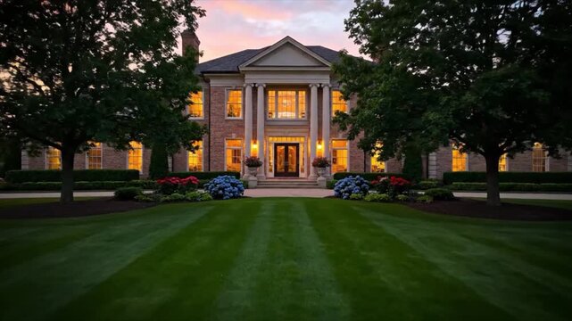 A breathtaking architectural masterpiece, this grand luxury estate glows warmly at twilight, showcasing an elegant and expansive residence with meticulously manicured lawns