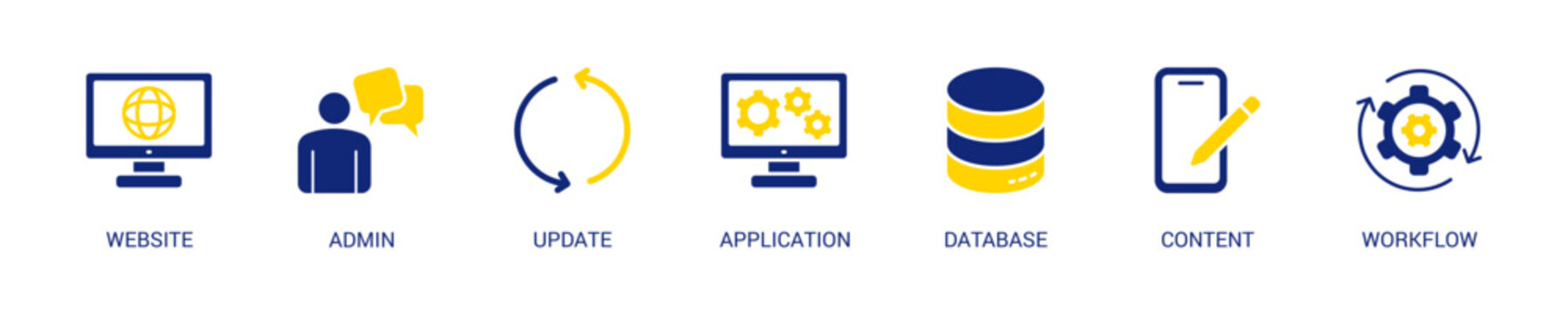 Cms Solid Blue Yellow Color Icon Set For Web Banner. Vector Illustration Concept With Some Icons. Designed In Solid Blue Yellow Color Style