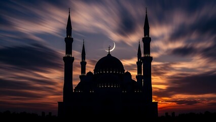 Silhouette of a mosque against a dramatic sunset sky with a crescent moon.