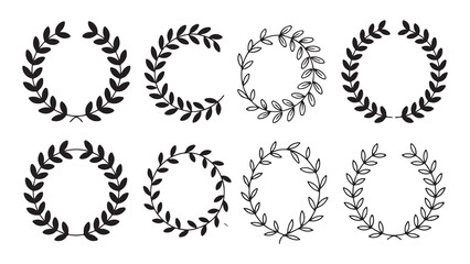 Variety of botanical laurel wreaths in solid black and thin outline styles for versatile emblem creation set © Stock