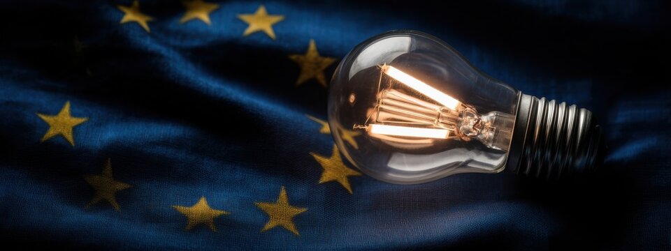 Light bulb resting on the European Union flag with symbolic meaning regarding energy and unity in Europe