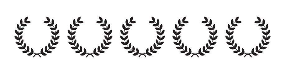 Obraz premium Laurel wreath collection: set of five black isolated laurel wreaths on white background in a row