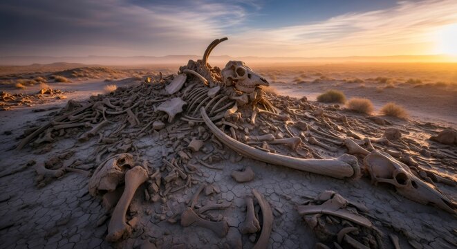 Pile of animal bones and skulls in a vast, dry desert landscape at sunset. Concept of extinction, scarcity, and ancient life.