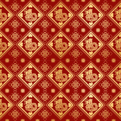 Traditional Asian Dragon Pattern in Red and Gold with Geometric Design Elements for Cultural and Decorative Use
