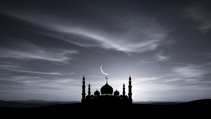 Silhouette of a mosque under a crescent moon and cloudy sky at dusk.